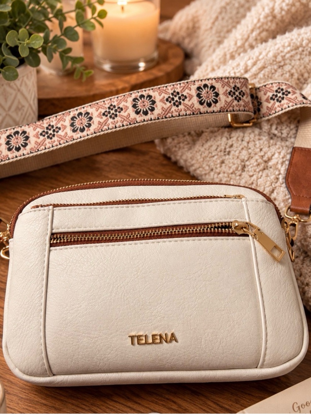 Telena Cream Crossbody Bag with Floral Strap
